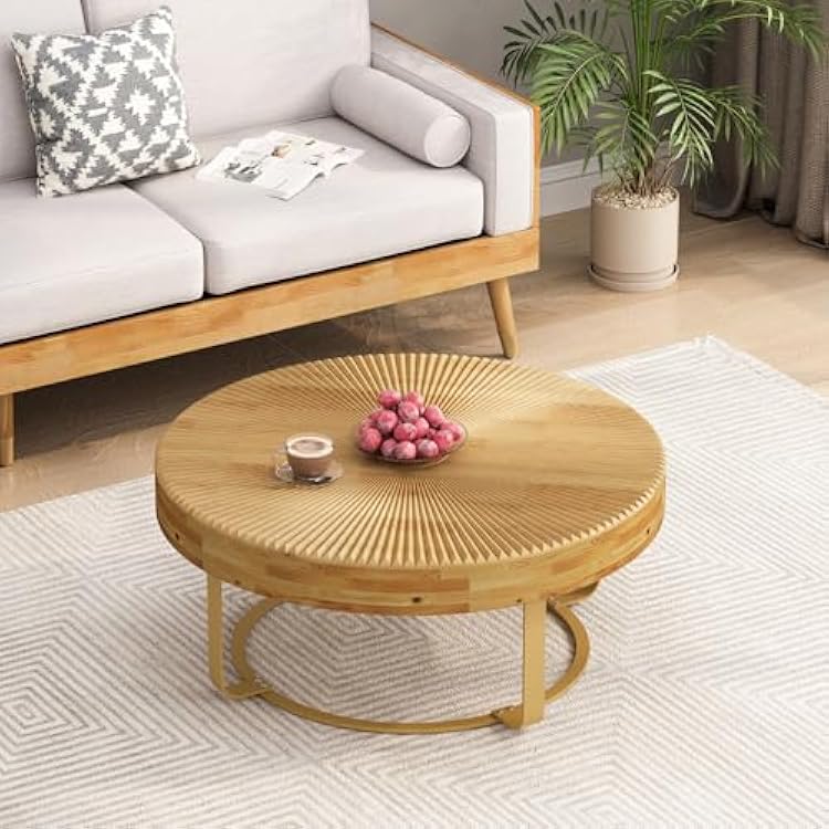 Round Wood Coffee Table, 31.5 Modern Farmhouse Circle Coffee Tables with Metal Leg, Rustic Natural Drum Center Table Accent Side Table End Table for Living Room, Apartment, Easy Assembly Gold