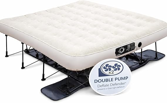 Ivation EZ-Bed (King) Inflatable Air Mattress with Frame & Rolling Case, Built-in Deflate DefenderTM Dual Pump Technology - 3 Min Self Inflate/Deflae Raised Blow up Bed on Legs, Premium Coil Design