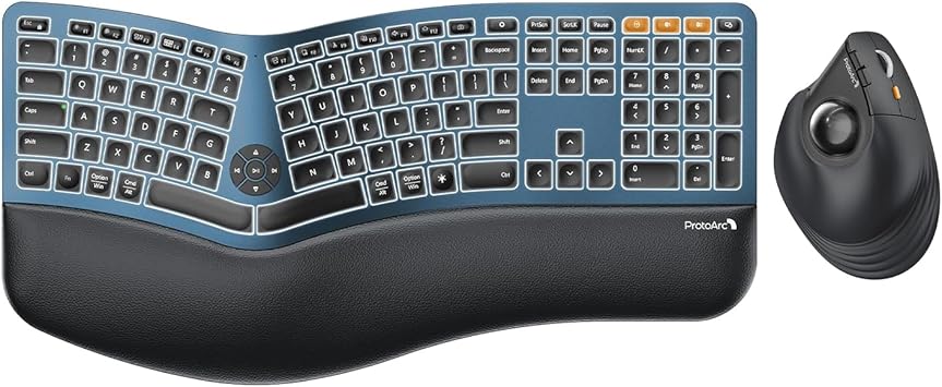 ProtoArc Backlit Wireless Full Size Ergonomic Keyboard Black Blue and Vertical Wireless Trackball Mouse