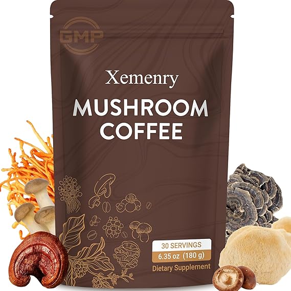 Mushroom Coffee, Instant Mushroom Coffee with 6 Superfoods Cordyceps, Reishi, King Trumpet, Shiitake, Lions Mane & Turkey Tail, Supports Focus, Digestion & Immunity, 30 Servings