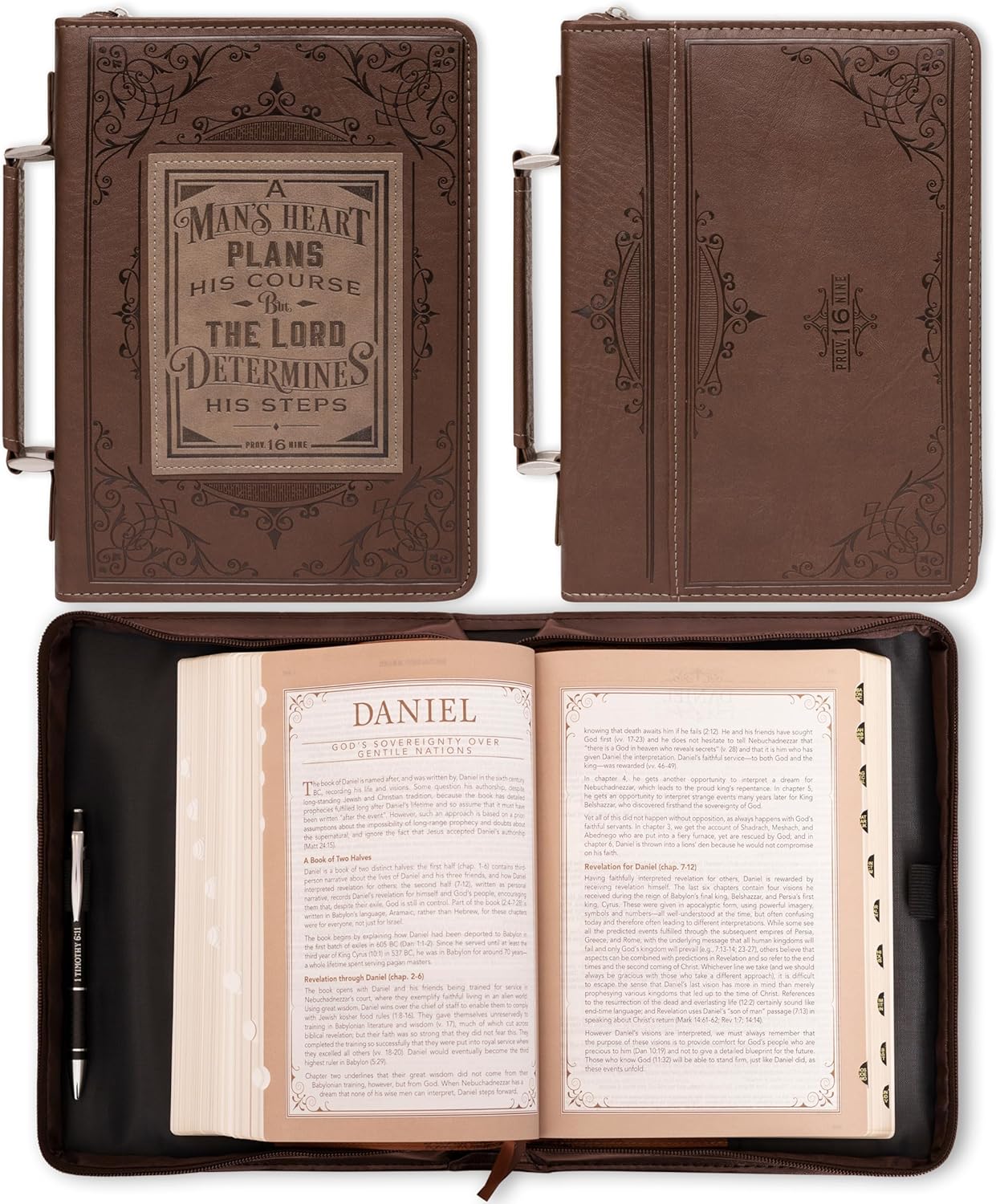 Christian Art Gifts Men's Classic Bible Cover A Mans Heart Proverbs 16:9, Brown/Tan Faux Leather, Medium
